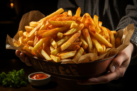 salty fried fries in paper bag, fast food.の素材