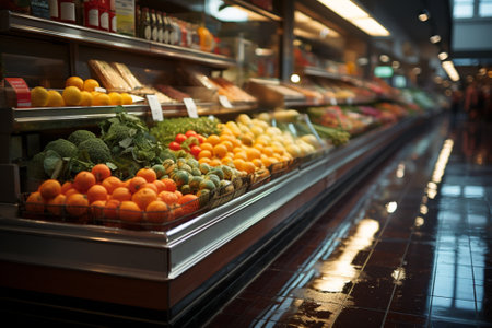 supermarket rows with products background, food store.の素材