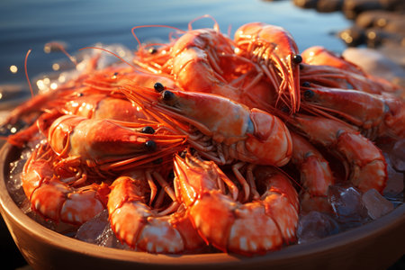 big plate of boiled shrimp close up.の素材