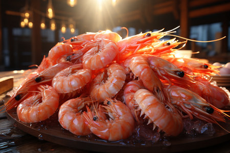 big plate of boiled shrimp close up.の素材