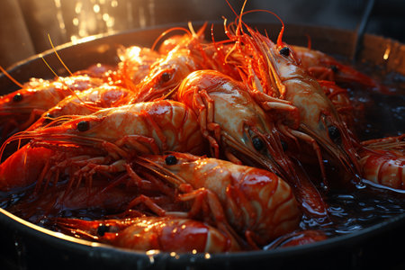 big plate of boiled shrimp close up.の素材