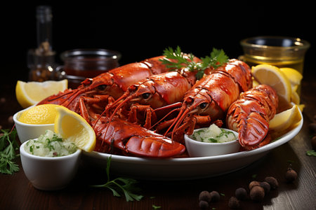 plenty of fresh tasty seafood on plate in restaurant.の素材