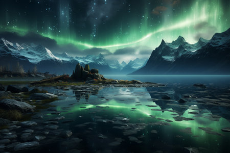 beautiful landcape of snowy mountains and northern lights.の素材
