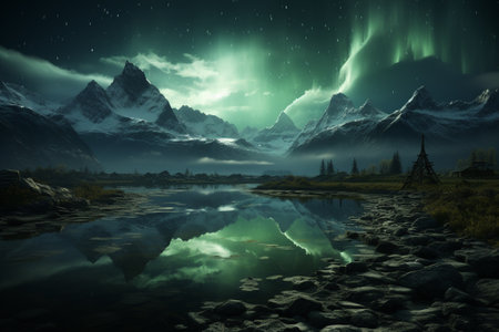 beautiful landcape of snowy mountains and northern lights.の素材
