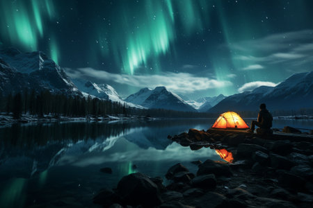 beautiful landcape of snowy mountains and northern lights.の素材