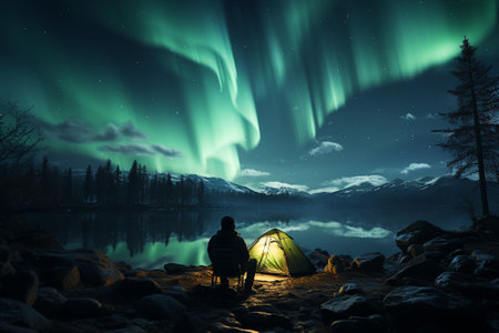 beautiful landcape of snowy mountains and northern lights.の素材