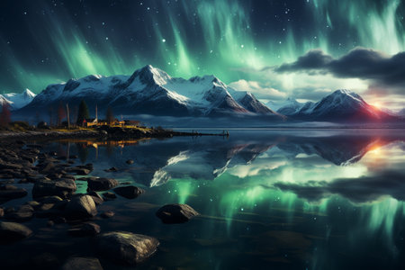 beautiful landcape of snowy mountains and northern lights.の素材