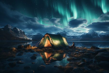 beautiful landcape of snowy mountains and northern lights.の素材