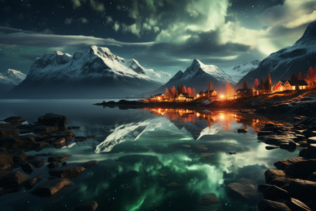 beautiful landcape of snowy mountains and northern lights.の素材