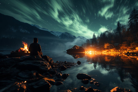 beautiful landcape of snowy mountains and northern lights.の素材