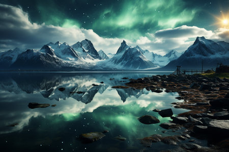 beautiful landcape of snowy mountains and northern lights.の素材