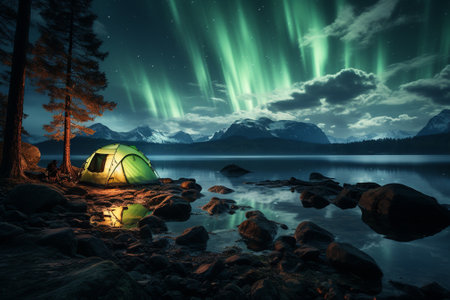 beautiful landcape of snowy mountains and northern lights.の素材