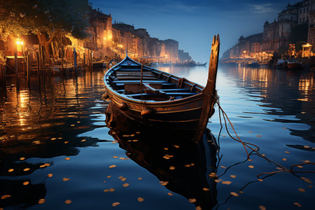 gandola boats in venice water canal .night viewの素材