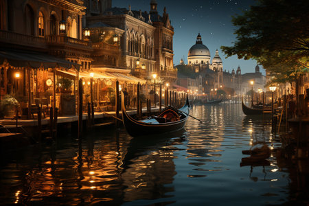 gandola boats in venice water canal .night viewの素材