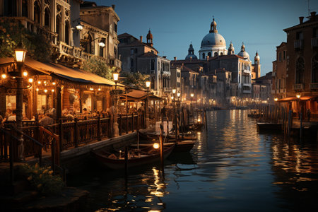 gandola boats in venice water canal .night viewの素材