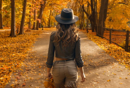 young woman walking in autumn park with lots of yellow and golden leaves.の素材