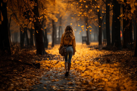 young woman walking in autumn park with lots of yellow and golden leaves.の素材