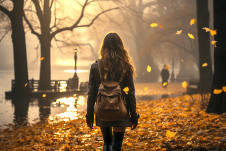 young woman walking in autumn park with lots of yellow and golden leaves.の素材
