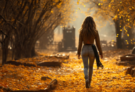 young woman walking in autumn park with lots of yellow and golden leaves.の素材