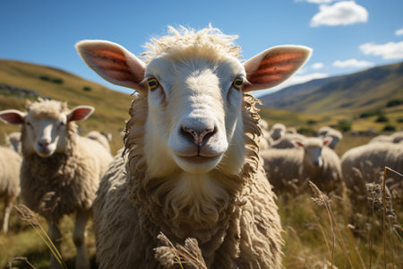 sheep pasture in mountains ariel view.の素材