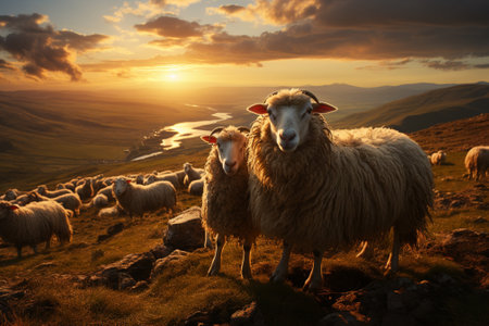 sheep pasture in mountains ariel view.の素材