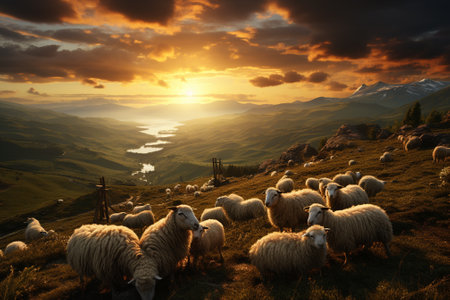 sheep pasture in mountains ariel view.の素材