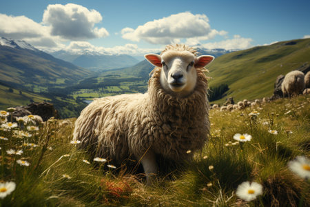 sheep pasture in mountains ariel view.の素材