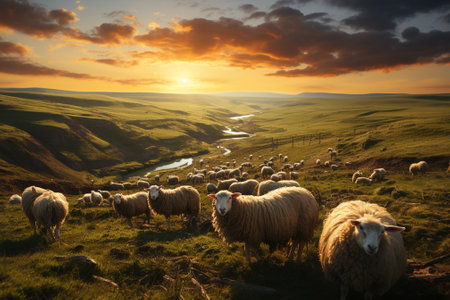 sheep pasture in mountains ariel view.の素材
