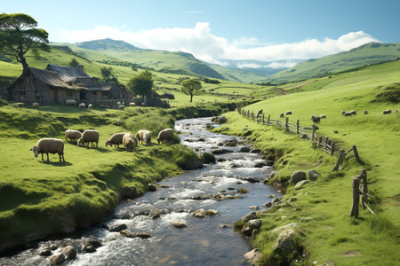 sheep pasture in mountains ariel view.の素材