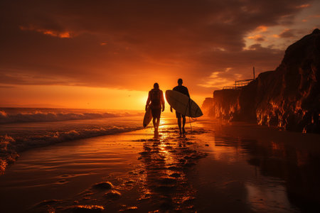 surfer woman with surfboard on the beach near sea.の素材