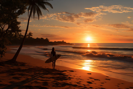 surfer woman with surfboard on the beach near sea.の素材