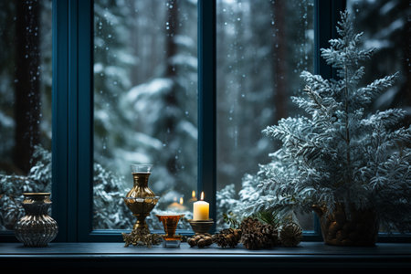snowy decorated christmas tree behind the window.の素材