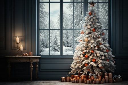 snowy decorated christmas tree behind the window.の素材