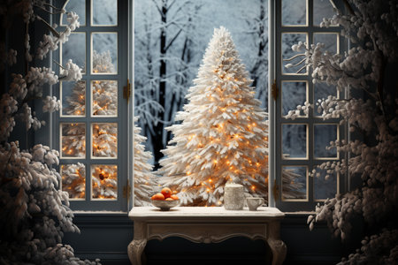 snowy decorated christmas tree behind the window.の素材