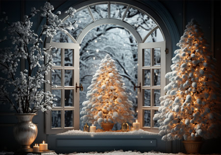 snowy decorated christmas tree behind the window.の素材