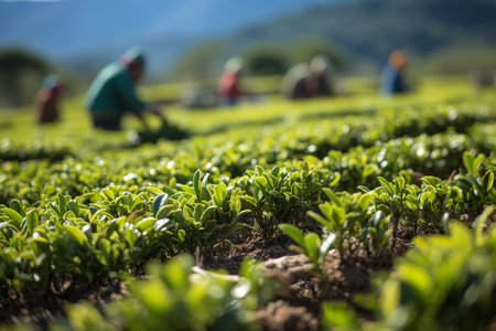 .workers gathering ceylon tea on green plantation.の素材