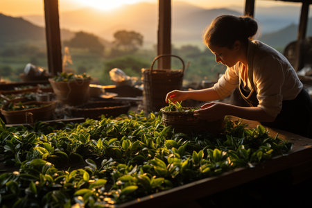 .workers gathering ceylon tea on green plantation.の素材