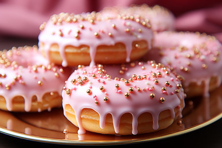 close up of pink donuts in bakery shop.の素材