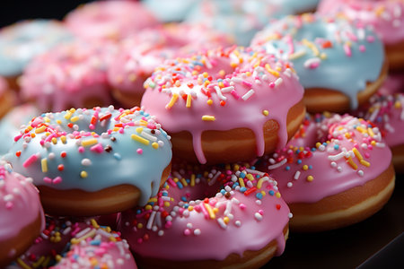 close up of pink donuts in bakery shop.の素材