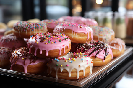 close up of pink donuts in bakery shop.の素材