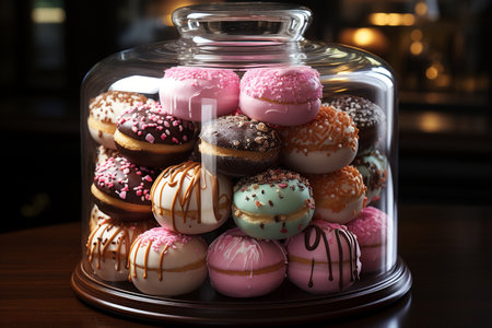 close up of pink donuts in bakery shop.の素材