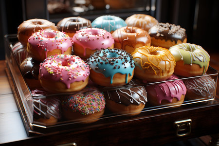 close up of pink donuts in bakery shop.の素材