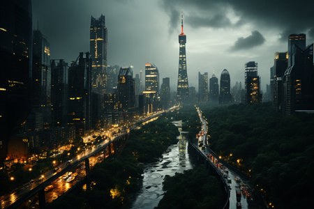 highway of metropolis in rainy day at night ariel view.の素材