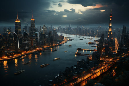 highway of metropolis in rainy day at night ariel view.の素材