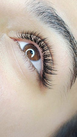 Close up of eye with eyelash Extensions in beauty salon macro view .の写真素材