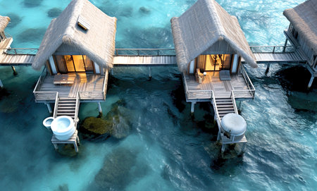 water villas in blue sea background,ariel view,summer holidays resort.の素材