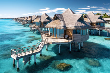 water villas in blue sea background,ariel view,summer holidays resort.の素材