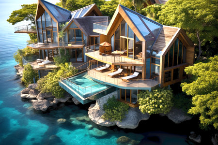 water villas in blue sea background,ariel view,summer holidays resort.の素材