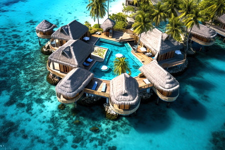 water villas in blue sea background,ariel view,summer holidays resort.の素材