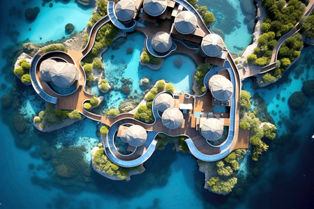 water villas in blue sea background,ariel view,summer holidays resort.の素材